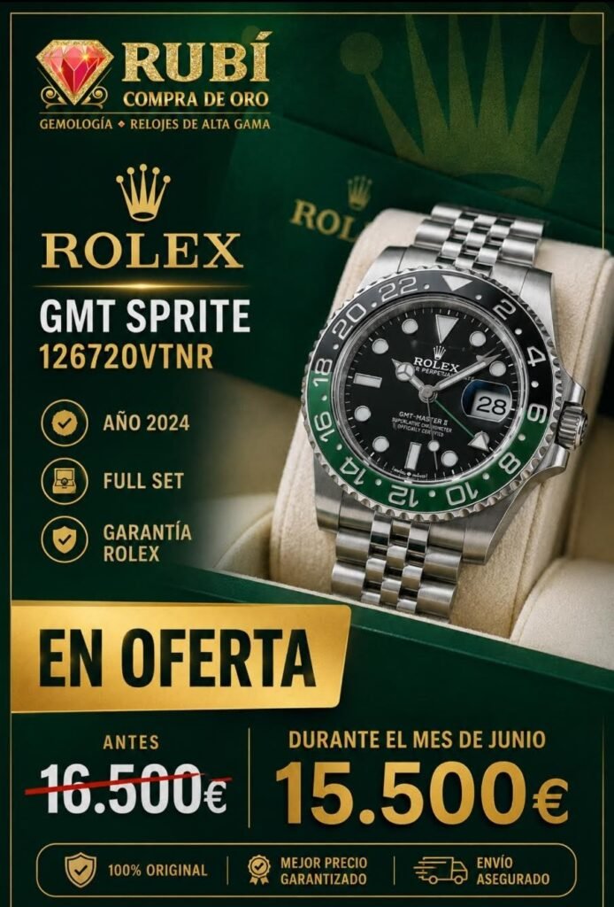 Reloj Rolex GMT Master II, modelo 126720VTNR, conocido como 'Sprite'. Presenta una caja de acero y un bisel cerámico verde y negro. - Bisel cerámico bidireccional de 24 horas. - Full set - Año 2024 - Garantía oficial hasta 2029 - Brazalete Jubilee 100% original Oferta especial junio. Antes 16500€, ahora 15500€