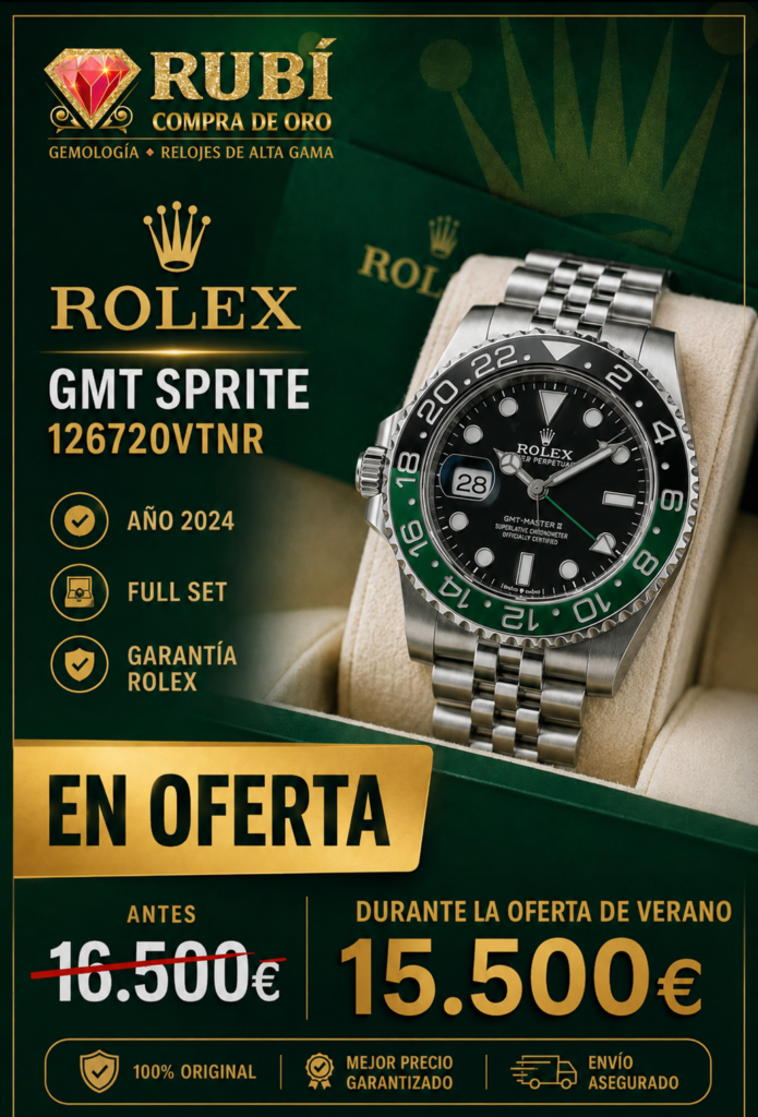 Reloj Rolex GMT Master II, modelo 126720VTNR, conocido como 'Sprite'. Presenta una caja de acero y un bisel cerámico verde y negro. - Bisel cerámico bidireccional de 24 horas. - Full set - Año 2024 - Garantía oficial hasta 2029 - Brazalete Jubilee 100% original Oferta especial junio. Antes 16500€, ahora 15500€